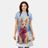 Watercolor Airedale Terrier Snowy Christmas エプロン (着用した状態)