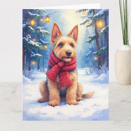 Watercolor Airedale Terrier Snowy Christmas カード (正面)