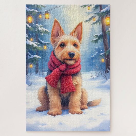 Watercolor Airedale Terrier Snowy Christmas ジグソーパズル (縦)