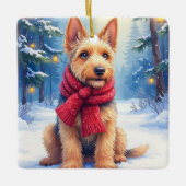 Watercolor Airedale Terrier Snowy Christmas セラミックオーナメント (正面)
