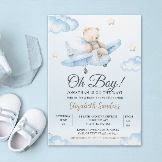 Watercolor Airplane Teddy Bear Baby Shower 招待状