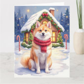 Watercolor Akita Gingerbread House Christmas カード (正面)