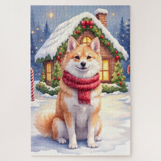 Watercolor Akita Gingerbread House Christmas  ジグソーパズル (縦)