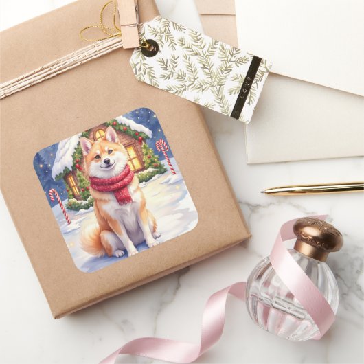 Watercolor Akita Gingerbread House Christmas  スクエアシール (ギフト)