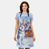 Watercolor Alaskan Malamute Reindeer Christmas エプロン (着用した状態)