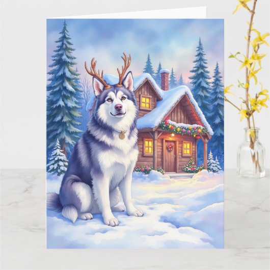 Watercolor Alaskan Malamute Reindeer Christmas カード (黄色い花)