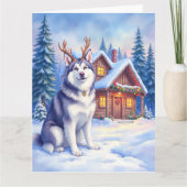 Watercolor Alaskan Malamute Reindeer Christmas カード (正面)