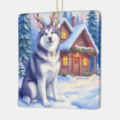 Watercolor Alaskan Malamute Reindeer Christmas セラミックオーナメント (左)