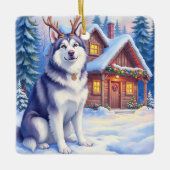 Watercolor Alaskan Malamute Reindeer Christmas セラミックオーナメント (正面)