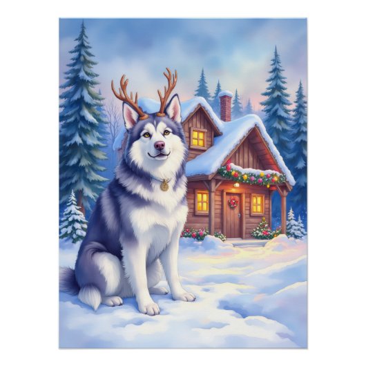 Watercolor Alaskan Malamute Reindeer Christmas ポスター (正面)