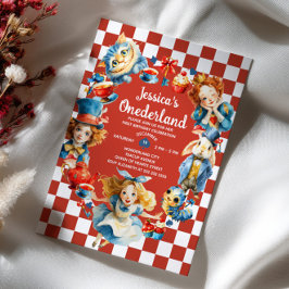 Watercolor Alice in ONEDERLAND Cute 1st Birthday 招待状