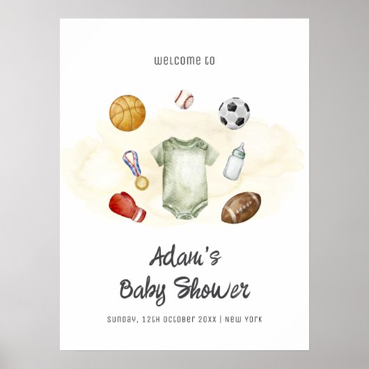 Watercolor All Star Sports Baby Shower Welcome ポスター (正面)