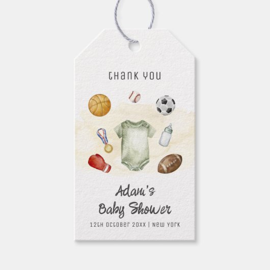 Watercolor All Star Sports bodysuit Baby Shower ギフトタグ (正面)