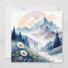 Watercolor Alpine Landscape with Wildflowers カード