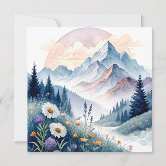 Watercolor Alpine Landscape with Wildflowers カード (正面)