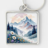 Watercolor Alpine Landscape with Wildflowers キーホルダー (正面)