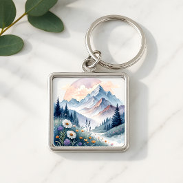 Watercolor Alpine Landscape with Wildflowers キーホルダー