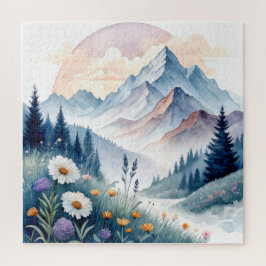 Watercolor Alpine Landscape with Wildflowers ジグソーパズル