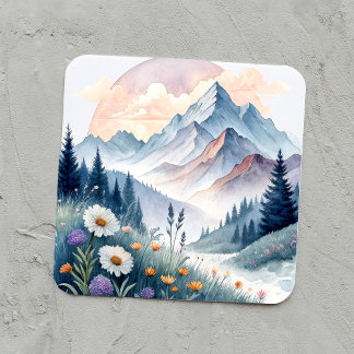 Watercolor Alpine Landscape with Wildflowers スクエアシール