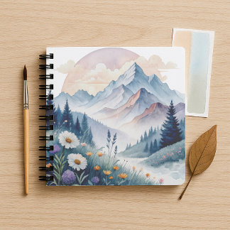 Watercolor Alpine Landscape with Wildflowers ノートブック