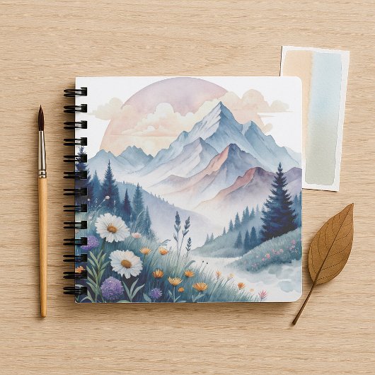 Watercolor Alpine Landscape with Wildflowers ノートブック