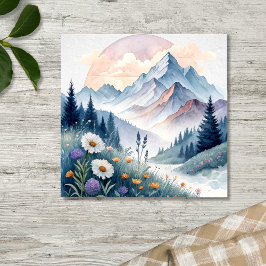 Watercolor Alpine Landscape with Wildflowers ポスター