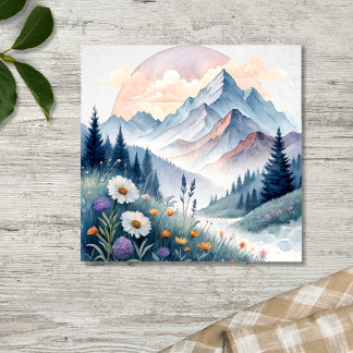 Watercolor Alpine Landscape with Wildflowers ポスター