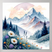 Watercolor Alpine Landscape with Wildflowers ポスター (正面)