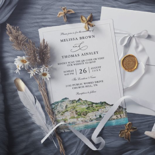 Watercolor Amalfi Coast Budget QR Code Wedding 招待状