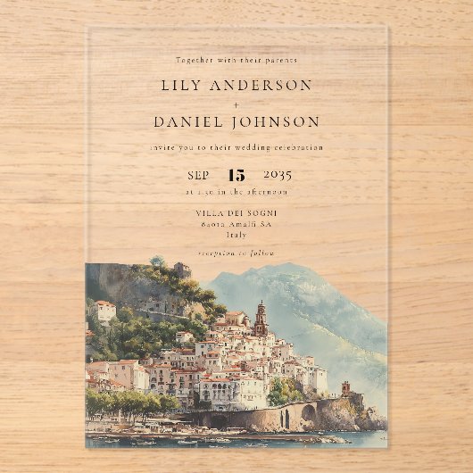 Watercolor Amalfi Italy Destination Wedding アクリル招待状 (正面)