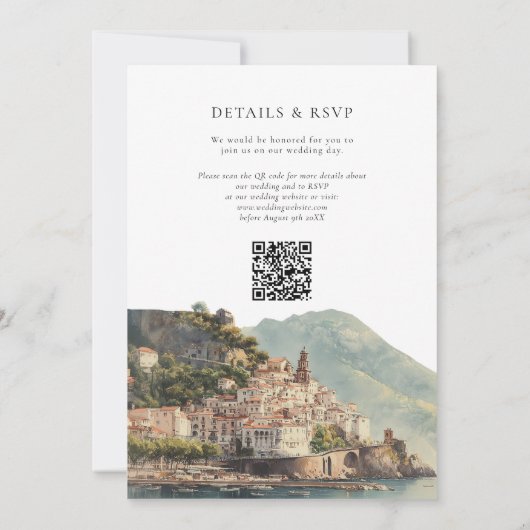Watercolor Amalfi QR Code Italian Wedding 招待状 (裏面)