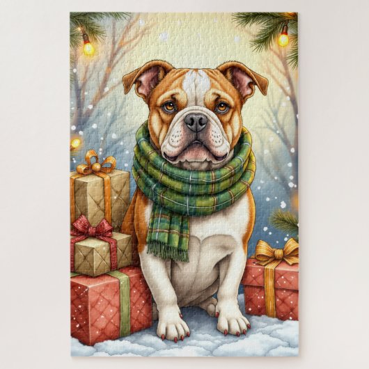 Watercolor American Bulldog Christmas Holiday ジグソーパズル (縦)