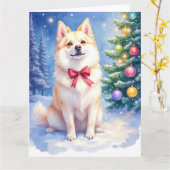 Watercolor American Eskimo Dog Sparkling Christmas カード (黄色い花)