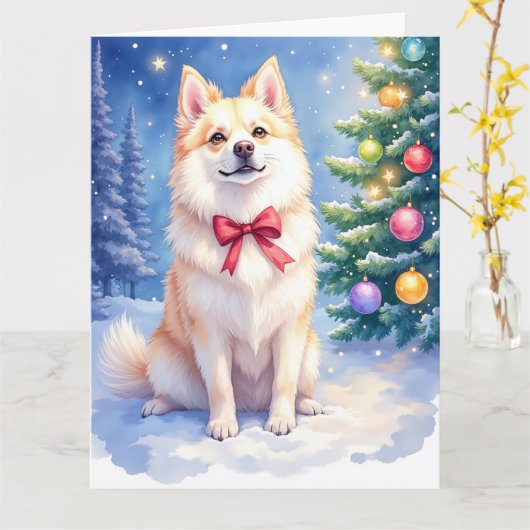 Watercolor American Eskimo Dog Sparkling Christmas カード (黄色い花)