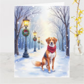 Watercolor American Foxhound Snowy Lamppost カード (黄色い花)