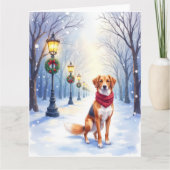 Watercolor American Foxhound Snowy Lamppost カード (正面)