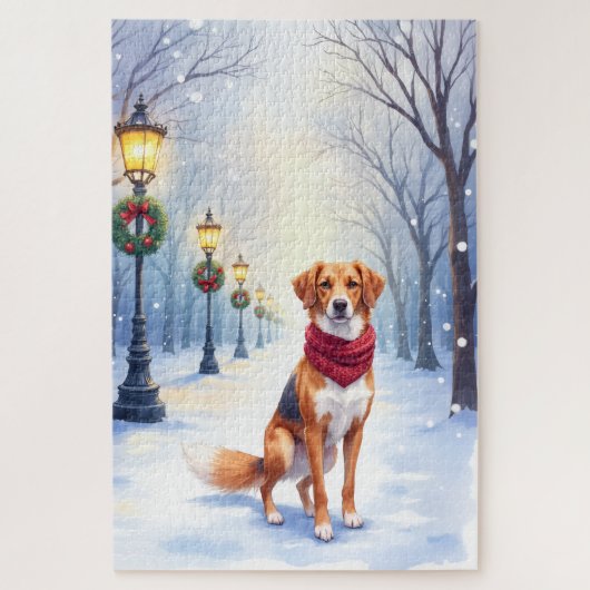 Watercolor American Foxhound Snowy Lamppost ジグソーパズル (縦)