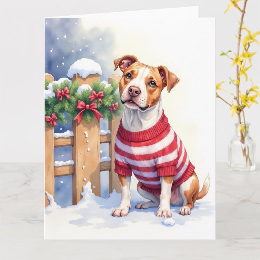 Watercolor American Pit Bull Terrier Festive カード (黄色い花)