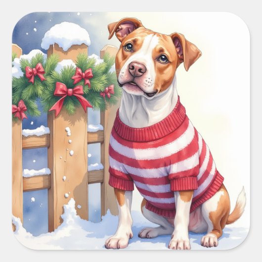 Watercolor American Pit Bull Terrier Festive スクエアシール (正面)
