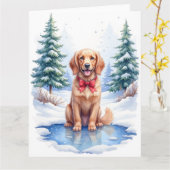 Watercolor American Water Spaniel Frozen Pond カード (黄色い花)