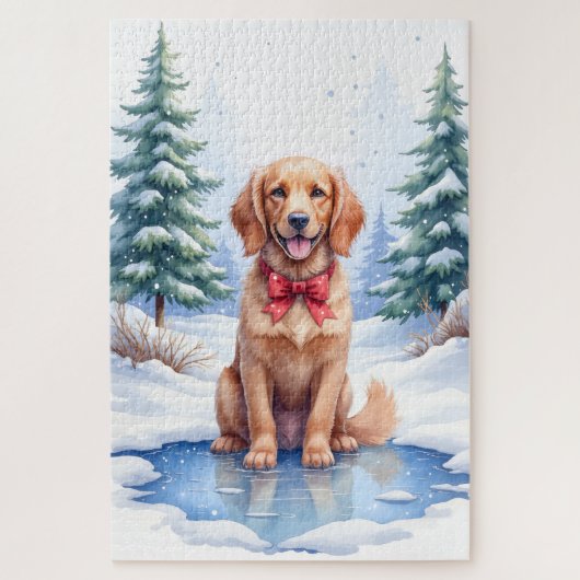 Watercolor American Water Spaniel Frozen Pond ジグソーパズル (縦)