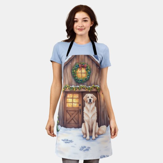Watercolor Anatolian Shepherd Dog Rustic Barn エプロン (着用した状態)