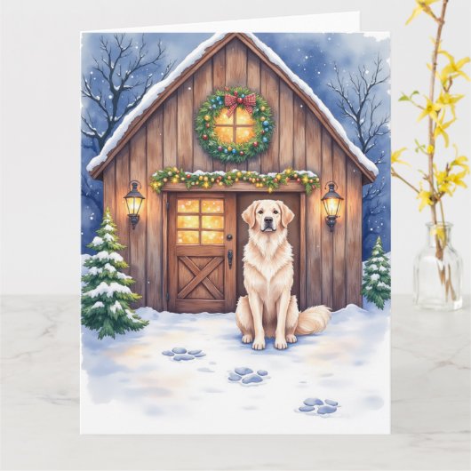 Watercolor Anatolian Shepherd Dog Rustic Barn カード (黄色い花)