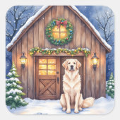 Watercolor Anatolian Shepherd Dog Rustic Barn スクエアシール (正面)