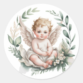 Watercolor Angel Wings Baptism  ラウンドシール