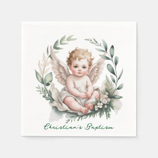 Watercolor Angel Wings Baptism Green スタンダードカクテルナプキン (正面)