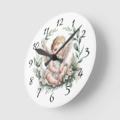 Watercolor Angel Wings Baptism Green ラウンド壁時計 (傾斜)