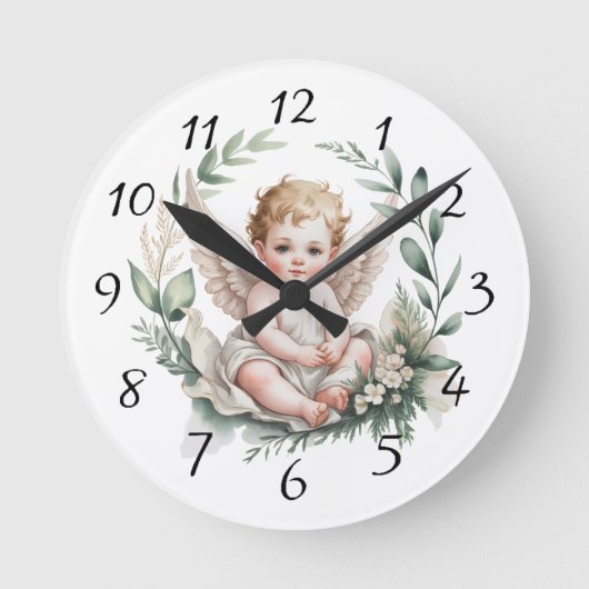 Watercolor Angel Wings Baptism Green ラウンド壁時計 (正面)