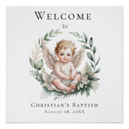 Watercolor Angel Wings Baptism Welcome Sign ポスター