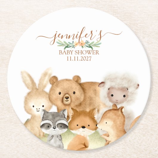 Watercolor Animals Baby Shower Rustic ラウンドペーパーコースター (正面)